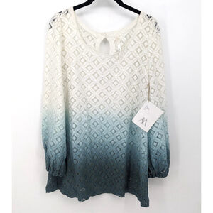 Avelaka Top Womens Small Storm Dip-Dyed Lace Bell Sleeve Made in USA Sheer Tunic